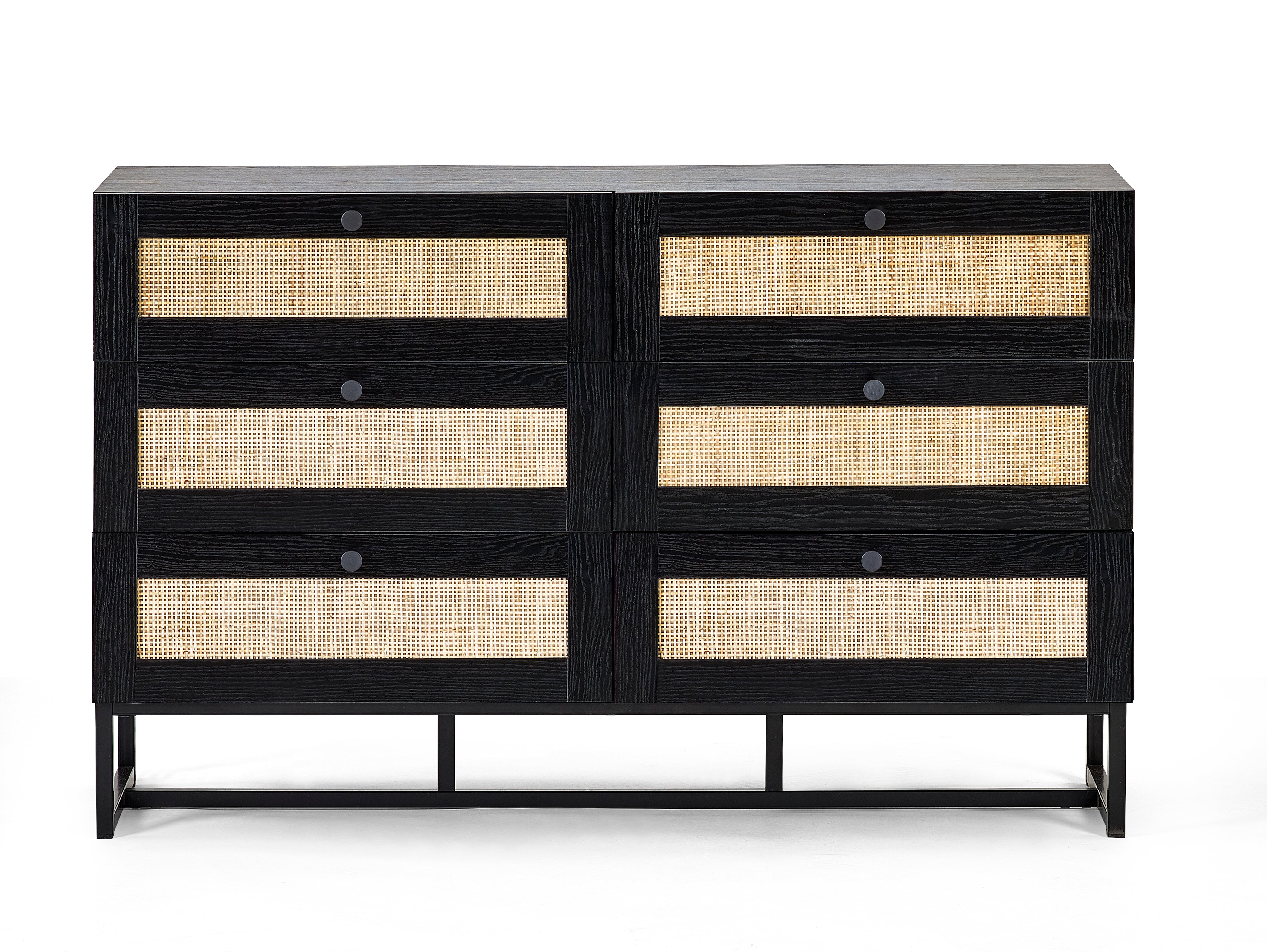 Clermont Black Oak Wood & Rattan Chest of Drawers | 6 Drawers